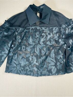 Beulah Black Floral Lace Mesh Collared Blouse Jacket with Pleather